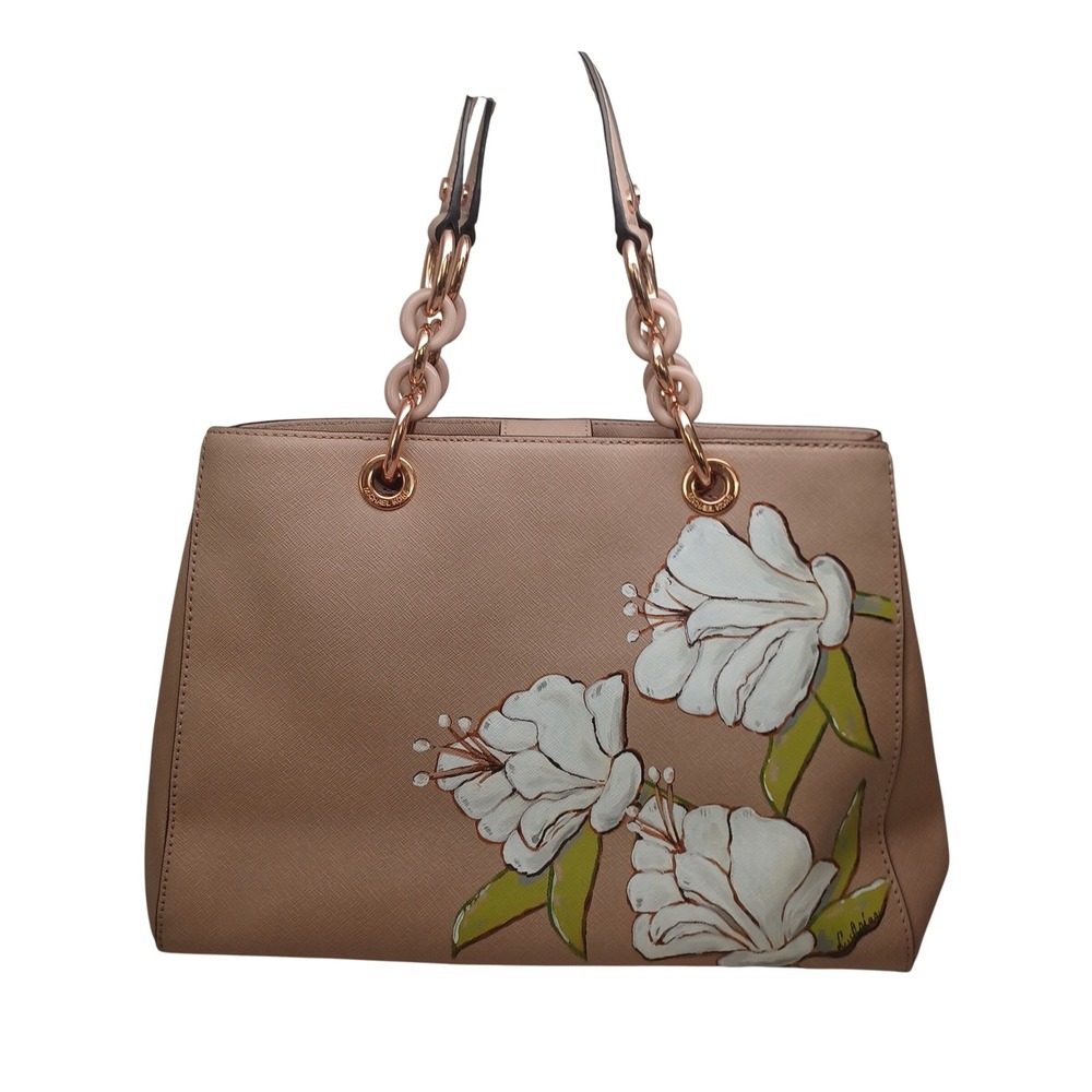 Michael Kors Cynthia Tote Neutral Tan Saffiano Leather Hand Painted Floral Bag